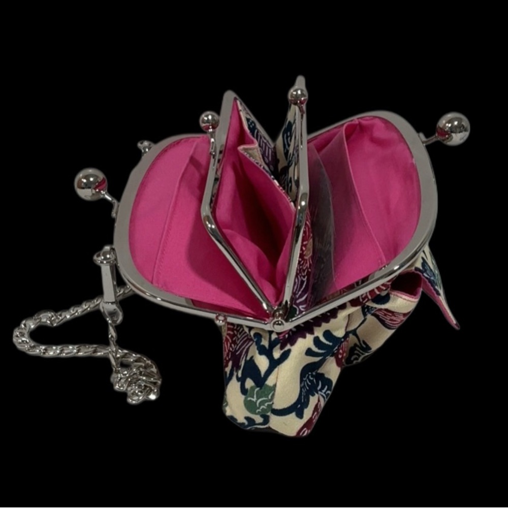 NEW Arabesque Floral Print Fabric Double Kiss Lock Handbag Bright Pink Lining - Picture 7 of 10